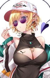 Rule 34 | 1girl, absurdres, baseball cap, black sweater, blonde hair, blue eyes, breast tattoo, breasts, cleavage, cleavage cutout, clothing cutout, commentary, demon girl, demon tail, earrings, finger heart, hat, highres, hololive, jacket, jewelry, large breasts, long sleeves, looking at viewer, makinan, necklace, off shoulder, official alternate costume, official alternate hairstyle, parted lips, pink-framed eyewear, pixie cut, pointy ears, purple-tinted eyewear, short hair, simple background, sleeveless, sleeveless turtleneck, solo, sunglasses, sweater, swept bangs, tail, tattoo, tinted eyewear, turtleneck, turtleneck sweater, two-sided fabric, two-sided jacket, upper body, virtual youtuber, white background, white hat, white jacket, winged heart, yuzuki choco, yuzuki choco (streetwear)