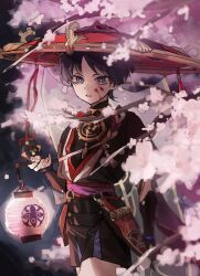 Rule 34 | 1boy, armor, black hair, blood, blood on face, blue eyes, blunt ends, cherry blossoms, cowboy shot, flower, genshin impact, hat, highres, holding, holding lantern, japanese armor, japanese clothes, jewelry, jingasa, kote, lantern, male focus, necklace, paper lantern, parted bangs, parted lips, pink flower, pink petals, purple sash, red hat, sash, scaramouche (genshin impact), short hair, solo, talesofmea, tassel