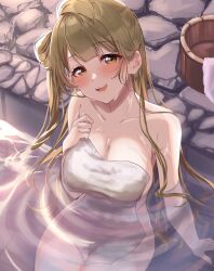 Rule 34 | 1girl, bath, bathing, blush, breasts, brown eyes, brown hair, bucket, cleavage, collarbone, commentary request, covering privates, highres, holding, holding towel, large breasts, long hair, looking at viewer, love live!, love live! school idol project, mei hinamatsu, minami kotori, naked towel, nude cover, one side up, onsen, open mouth, partially submerged, single hair ring, sitting, smile, solo, stone floor, teeth, towel, water, wet, wet hair, wet towel, white towel, wooden bucket