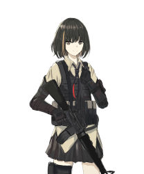 Rule 34 | 1girl, absurdres, aged down, artist request, assault rifle, black hair, bulletproof vest, girls&#039; frontline, gloves, grey eyes, gun, highres, holster, m16, m16a1, m16a1 (girls&#039; frontline), necktie, no eyepatch, rifle, shirt, smile, solo, tactical clothes, weapon, white shirt