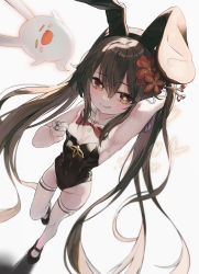 Rule 34 | 1girl, absurdres, animal ears, armpits, bare shoulders, black footwear, black leotard, bow, bowtie, breasts, brown eyes, brown hair, detached collar, fake animal ears, flower, genshin impact, gro (lee145879), hair between eyes, hair flower, hair ornament, highres, hu tao (genshin impact), leotard, long hair, looking at viewer, playboy bunny, presenting armpit, rabbit ears, red bow, red bowtie, red flower, shoes, simple background, small breasts, smile, solo, standing, thighhighs, twintails, very long hair, white background, white thighhighs