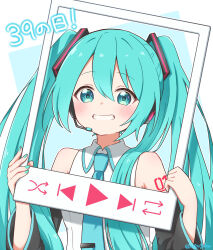 Rule 34 | 1girl, 39, blue eyes, blue hair, blush, collared shirt, detached sleeves, empty picture frame, grin, hair ornament, hatsune miku, headphones, headset, highres, holding, long hair, long sleeves, looking at viewer, miku day, necktie, picture frame, shirt, sleeveless, sleeveless shirt, smile, solo, twintails, upper body, vocaloid, yugudora