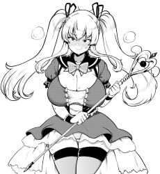 Rule 34 | 1girl, blush, bow, bowtie, breasts, character request, cleavage, closed mouth, commentary request, copyright request, dress, greyscale, highres, himajin noizu, holding, holding staff, huge breasts, long hair, looking at viewer, monochrome, simple background, smile, solo, staff, sweat, thighhighs, twintails