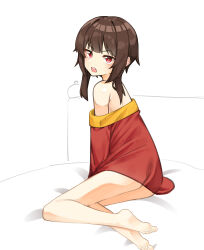 Rule 34 | 1girl, absurdres, arm support, ass, bare back, bare shoulders, barefoot, bed, bed sheet, blunt bangs, bright pupils, brown hair, commentary, dress, from side, full body, headboard, highres, kono subarashii sekai ni shukufuku wo!, looking at viewer, looking to the side, megumin, off-shoulder dress, off shoulder, on bed, open mouth, red dress, red eyes, short dress, short hair, short hair with long locks, sidelocks, sitting, solo, teeth, tosi (t0s1 0000), upper teeth only, v-shaped eyebrows, white background, yokozuwari