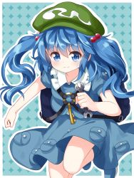 Rule 34 | 1girl, backpack, bag, blue eyes, blue hair, blue shirt, blue skirt, green hat, hair bobbles, hair ornament, hat, highres, kawashiro nitori, key, long hair, looking at viewer, outline, pocket, puffy short sleeves, puffy sleeves, ruu (tksymkw), shirt, short sleeves, skirt, skirt set, smile, solo, thighs, touhou, twintails, two side up, white outline, wrench