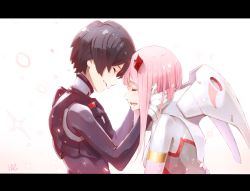 Rule 34 | 10s, 1boy, 1girl, black bodysuit, black hair, blunt bangs, bodysuit, broken horn, darling in the franxx, forehead-to-forehead, from side, glint, grin, hands on another&#039;s cheeks, hands on another&#039;s face, hands up, heads together, highres, hiro (darling in the franxx), horns, hoshizaki reita, letterboxed, long hair, open mouth, parted lips, petals, pink hair, profile, signature, smile, sparkle, upper body, white bodysuit, zero two (darling in the franxx)