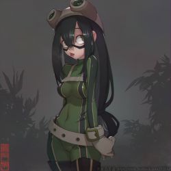 Rule 34 | 1girl, arm behind back, asui tsuyu, beige gloves, belt, bodysuit, boku no hero academia, breast strap, breasts, cameltoe, clenched hand, goggles, goggles on head, green bodysuit, green hair, long hair, mask, medium breasts, solo, superhero costume, thighhighs, tongue, tongue out, wet, zhaoyebai