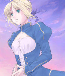 Rule 34 | 00s, 1girl, ahoge, artoria pendragon (all), artoria pendragon (fate), blonde hair, blue dress, breasts, cleavage, cleavage cutout, clothing cutout, dress, fate/stay night, fate (series), green eyes, juliet sleeves, kannuki hisui, long sleeves, puffy long sleeves, puffy sleeves, purple sky, saber (fate), short hair, sky, small breasts, solo, upper body