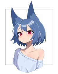 Rule 34 | 1girl, absurdres, animal ear fluff, animal ears, blue hair, blush, closed mouth, collarbone, cropped torso, highres, looking at viewer, myakuro, off shoulder, original, red eyes, shirt, simple background, solo, upper body, white background, white shirt