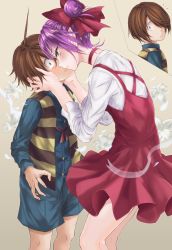 Rule 34 | 1boy, 1girl, ahoge, beige background, blue shorts, blush, bow, brown hair, choker, closed mouth, dress, eye contact, flower, gegege no kitarou, gradient background, hair bow, hair bun, hair over one eye, hands on another&#039;s cheeks, hands on another&#039;s face, height difference, highres, hikari (komitiookami), imminent kiss, kitarou, looking at another, looking at viewer, nekomusume, nekomusume (gegege no kitarou 6), petals, pointy ears, purple hair, red bow, red choker, red dress, short hair, shorts, single hair bun, standing, striped, yellow eyes