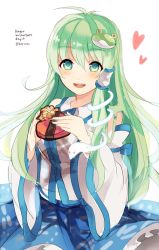 Rule 34 | 1girl, amano kenpi, artist name, blush, box, candy, chocolate, chocolate heart, detached sleeves, english text, food, frog hair ornament, gift, gift box, green eyes, green hair, hair ornament, hair tubes, heart, japanese clothes, kochiya sanae, long hair, long sleeves, looking at viewer, matching hair/eyes, miko, open mouth, shirt, simple background, skirt, smile, snake hair ornament, solo, text focus, touhou, valentine, white background, wide sleeves