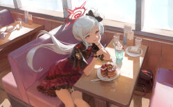 Rule 34 | 1girl, absurdres, black scrunchie, black shirt, blue archive, cake, drink, drinking straw, food, fork, hair ornament, hair scrunchie, highres, holding, holding fork, ice cream, ice cream float, indoors, long hair, looking at viewer, meinoss, mutsuki (blue archive), open mouth, plate, purple eyes, red skirt, scrunchie, shirt, short sleeves, side ponytail, sitting, skirt, smile, solo, table, white hair