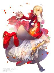 Rule 34 | 10s, 1girl, ahoge, armor, astarone, blonde hair, breasts, dated, dress, epaulettes, fate/extra, fate (series), greaves, green eyes, nero claudius (fate), nero claudius (fate) (all), nero claudius (fate/extra), red dress, solo, twitter username