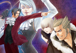 Rule 34 | 2boys, 2girls, ace attorney, ace attorney investigations, ace attorney investigations: miles edgeworth, arm up, ascot, black hair, capcom, earrings, evil grin, evil smile, formal, franziska von karma, frown, fur, gloves, grey hair, grin, jewelry, lipstick, makeup, mayo (mayonnaise), mayonnaise, mayonnaise (artist), miles edgeworth, multiple boys, multiple girls, naughty face, objection, orange eyes, pink eyes, pointing, realistic, shi-long lang, shih-na, short hair, sideburns, smile, suit, whip, wrist cuffs