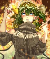 Rule 34 | 1girl, aged up, ahoge, alternate breast size, alternate costume, asymmetrical hair, autumn, autumn leaves, bare shoulders, blue eyes, bow, braid, breasts, clothing cutout, crown braid, daiyousei, fingernails, french braid, ginkgo leaf, green hair, hair between eyes, hair bow, hands up, high collar, highres, holding, holding leaf, leaf, long sleeves, looking at viewer, medium hair, open mouth, pointy ears, shoulder cutout, side ponytail, solo, sweater, takena-c, touhou, upper body