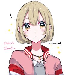Rule 34 | !, alternate hair length, alternate hairstyle, azusawa kohane, blonde hair, blush, bob cut, character name, collarbone, commentary request, cut-here line, dotted line, grey sweater, heart, heart necklace, highres, jacket, jewelry, necklace, project sekai, scissors, shirt, short hair, signature, simple background, star (symbol), sweater, toco5th, white background, white shirt, yellow eyes