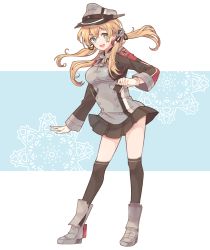 Rule 34 | 1girl, aqua eyes, black skirt, black thighhighs, blonde hair, full body, gloves, hair between eyes, hat, kantai collection, long hair, long sleeves, low twintails, military, military hat, military uniform, open mouth, peaked cap, pleated skirt, prinz eugen (kancolle), shakemi (sake mgmgmg), skirt, solo, thighhighs, twintails, uniform, white gloves