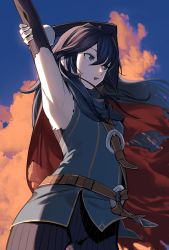 Rule 34 | 1girl, absurdres, arm up, armpits, arms behind head, belt, blue eyes, blue hair, blue sky, bodysuit, bodysuit under clothes, cameltoe, cape, cloud, cowboy shot, crotch, fire emblem, fire emblem awakening, fire emblem heroes, flat chest, from side, groin, hair between eyes, highres, long hair, lucina (fire emblem), nintendo, open mouth, pantyhose, rasupekuto, ribbed sweater, scarf, sky, solo, stretching, sweater, symbol-shaped pupils, tagme, tiara, torn bodysuit, torn clothes, upskirt