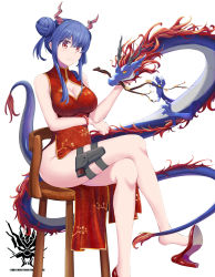 Rule 34 | 1girl, arknights, bare arms, bare legs, bare shoulders, bead bracelet, beads, blue hair, bracelet, branch, breasts, ch&#039;en (ageless afterglow) (arknights), ch&#039;en (arknights), chair, china dress, chinese clothes, chinese commentary, cleavage, cleavage cutout, clothing cutout, commentary request, double bun, dragon, dress, eastern dragon, feet out of frame, hair between eyes, hair bun, hand up, high heels, highres, holster, horns, jewelry, large breasts, long hair, looking at viewer, no panties, official alternate costume, peiyuan yuuya, red dress, red eyes, red footwear, side slit, sidelocks, simple background, sleeveless, sleeveless dress, solo, standing, thigh holster, thighs, white background