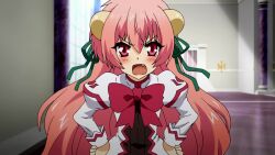 Rule 34 | 1girl, eco (dragonar), fang, horns, long hair, pink hair, red eyes, school uniform, seikoku no dragonar, wallpaper