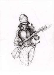 Rule 34 | 1other, absurdres, ambiguous gender, animal, animal on shoulder, armor, bayonet, bird, bird on shoulder, breastplate, commentary, cowboy shot, english commentary, full armor, gauntlets, greyscale, gun, helmet, highres, holding, holding gun, holding weapon, ink (medium), inktober, manuel castanon, monochrome, original, pauldrons, rifle, scabbard, scan, sheath, sheathed, shoulder armor, simple background, solo, standing, sword, traditional media, weapon, white background