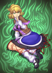 Rule 34 | 1girl, arm warmers, blonde hair, finger to mouth, full body, gradient background, green background, green eyes, leg warmers, mary janes, mizuhashi parsee, parted lips, pointy ears, ponytail, scarf, shirt, shoes, short hair, short sleeves, skirt, solo, touhou, vest, yui sora