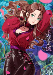 Rule 34 | 1girl, black pants, breasts, brown hair, bubble, character name, cleavage, closed mouth, collarbone, cowboy shot, dorothea arnault, earrings, fire emblem, fire emblem: three houses, floating hair, floof n wool, green eyes, hair intakes, highres, jewelry, large breasts, long hair, long sleeves, looking at viewer, musical note, nintendo, pants, petals, red shirt, shirt, smile, solo, standing