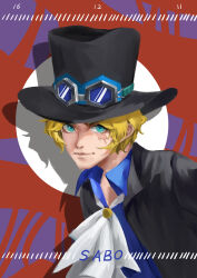 Rule 34 | 1boy, absurdres, ascot, black hat, black jacket, blonde hair, blue eyes, blue shirt, character name, chinese commentary, closed mouth, commentary request, goggles, goggles on headwear, grey ascot, hat, highres, jacket, looking at viewer, male focus, one piece, sabo (one piece), scar, scar on face, shadow, shirt, short hair, smile, solo, top hat, tracycc