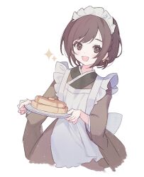 Rule 34 | 1girl, apron, blush, bow, braid, brown hair, brown kimono, food, happy, holding, holding plate, japanese clothes, kimono, long sleeves, looking at viewer, maid, maid headdress, open mouth, pancake, plate, project sekai, sha (nz2), shinonome ena, short hair, simple background, smile, solo, upper body, wa maid, white apron, white background, white bow, wide sleeves