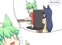 Rule 34 | 2girls, :d, aged down, ahoge, animal ear fluff, animal ears, bad id, bad pixiv id, bare arms, bare shoulders, blue hair, blue shorts, blush, brown eyes, chair, closed mouth, dress, green eyes, greenteaneko, greenteaneko-chan, hair between eyes, hand up, highres, holding, holding pen, index finger raised, long hair, looking back, multiple girls, open mouth, original, parted lips, pen, red shirt, shirt, short shorts, short sleeves, shorts, simple background, sleeveless, sleeveless dress, smile, squatting, table, very long hair, whiskers, white background, yellow dress, | |