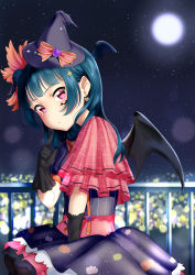Rule 34 | 1girl, absurdres, black gloves, black pantyhose, black wings, blue dress, blue hair, blue wings, bow, commentary request, dress, earrings, elbow gloves, full moon, gloves, hair bun, halloween, hat, hat bow, head tilt, head wings, heart, heart earrings, highres, index finger raised, jewelry, long hair, looking at viewer, looking to the side, love live!, love live! school idol festival, love live! sunshine!!, mini hat, mini witch hat, moon, night, night sky, pantyhose, parted lips, pleated dress, puffy short sleeves, puffy sleeves, purple eyes, purple hat, red bow, segawa luna, short sleeves, side bun, single hair bun, single side bun, sitting, sky, solo, star (sky), starry sky, striped clothes, striped dress, tilted headwear, tsushima yoshiko, vertical-striped clothes, vertical-striped dress, wings, witch hat