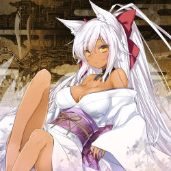 Rule 34 | 1girl, 47agdragon, animal ears, bare shoulders, barefoot, blush, bow, breasts, cleavage, dark skin, dark-skinned female, detached collar, fox ears, hair bow, highres, japanese clothes, kimono, large breasts, long hair, long sleeves, looking at viewer, obi, original, ponytail, sash, solo, white hair, wide sleeves, yellow eyes