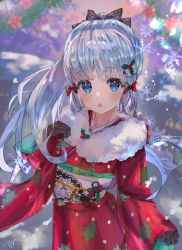 Rule 34 | 1girl, absurdres, ayaka (genshin impact), black bow, blue eyes, blue hair, blurry, blurry background, bow, brown gloves, christmas, christmas tree, floral print, flower, fur-trimmed kimono, fur trim, genshin impact, gloves, hair bow, hair flower, hair ornament, highres, isuzu (an icy cat), japanese clothes, kimono, long hair, looking at viewer, mistletoe, open mouth, ponytail, red bow, red kimono, sash, signature, snowflakes, snowing, standing, wide sleeves