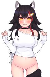 Rule 34 | 1girl, animal ears, black hair, blush, bottomless, gluteal fold, highres, hololive, ishiusu, looking at viewer, multicolored hair, ookami mio, pussy, smile, solo, streaked hair, tail, tail wrap, virtual youtuber, white background, wolf ears, wolf girl, wolf tail, yellow eyes