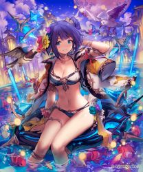 Rule 34 | 10s, 1girl, armpits, bikini, bird, blue eyes, blush, breasts, building, cleavage, cloud, collarbone, copyright name, crystal, earrings, fish, flower, grin, hair flower, hair ornament, hand in own hair, head tilt, highres, jacket, jacket on shoulders, jewelry, lazuli (shingeki no bahamut), lee hyeseung, looking at viewer, moon, navel, official art, open clothes, outdoors, parted lips, partially submerged, purple hair, shingeki no bahamut, shiny skin, side ponytail, sitting, sky, smile, solo, swimsuit, teeth, water
