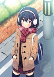 Rule 34 | 1girl, absurdres, artist request, black hair, black sweater, black thighhighs, blush, breath, brown coat, brown eyes, coat, cowboy shot, day, duffel coat, earmuffs, enpera, hair between eyes, hairband, hands in pockets, highres, lens flare, looking at viewer, miniskirt, open clothes, open coat, original, outdoors, pink hairband, plaid, plaid scarf, plaid skirt, pleated skirt, red scarf, red skirt, road, scarf, short hair, skirt, solo, standing, street, sweater, thighhighs, zettai ryouiki
