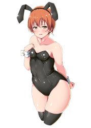 Rule 34 | 1girl, absurdres, animal ears, arm behind back, armpit crease, armpit peek, bare arms, bare shoulders, black thighhighs, blush, breasts, collarbone, covered navel, cowboy shot, cuff links, embarrassed, fake animal ears, furrowed brow, hair between eyes, highres, hoshizora rin, leotard, looking at viewer, love live!, love live! school idol project, orange hair, playboy bunny, rabbit ears, shinonon (iso shino), short hair, simple background, skindentation, small breasts, solo, strapless, strapless leotard, thick thighs, thighhighs, thighs, white background, wide hips, wrist cuffs, yellow eyes