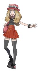 Rule 34 | 10s, 1girl, absurdres, arms behind back, bag, bare shoulders, black pantyhose, black thighhighs, blonde hair, blue eyes, bracelet, brown hair, collarbone, creatures (company), fingernails, full body, game freak, grey eyes, handbag, happy, hat, highres, hip focus, jewelry, knees, legs, long hair, miniskirt, nintendo, official art, open mouth, outstretched arm, pantyhose, pokemon, pokemon xy, ponytail, serena (pokemon), shirt, shoes, simple background, skirt, smile, sneakers, solo, sugimori ken, thighhighs, tongue, white background, wristband, zettai ryouiki