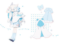 Rule 34 | 1girl, :d, animal ear fluff, animal ears, bell, black footwear, blue bow, blue dress, blue eyes, blue socks, bow, bracelet, breast pocket, cape, cat ears, cat girl, chinese text, commission, drawstring, dress, flower, frilled dress, frills, full body, hair between eyes, hair bow, hair ornament, hairclip, hand up, heart, hood, hood down, hooded cape, jewelry, jingle bell, long hair, looking at viewer, open hand, open mouth, original, pocket, polka dot, short sleeves, simple background, smile, socks, solo, standing, white background, white cape, white flower, white hair, wmikawa, x hair ornament