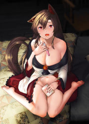 Rule 34 | 1girl, absurdres, animal ears, bare shoulders, barefoot, blush, breasts, brooch, brown hair, cleavage, clothes lift, collarbone, dress, dress lift, fang, feet, fingernails, from above, full body, furrowed brow, hair between eyes, highres, hira (nanika no heya), imaizumi kagerou, jewelry, large breasts, long hair, long sleeves, looking at viewer, nail polish, navel, no panties, off-shoulder dress, off shoulder, open mouth, pregnancy test, red eyes, red skirt, sitting, skirt, soles, solo, tail, teeth, toes, tongue, touhou, wariza, wide sleeves, wolf ears, wolf tail
