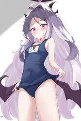 1girl absurdres ahoge black_halo black_horns blue_archive blush breasts closed_mouth commentary_request demon_girl demon_horns halo highres hina_(blue_archive) hina_(swimsuit)_(blue_archive) horns long_hair looking_at_viewer low_wings multiple_horns navel osmium-76 purple_eyes school_swimsuit simple_background small_breasts solo standing sweat swimsuit thighs whistle white_background white_hair wings