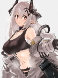 Rule 34 | 1girl, arknights, breasts, crop top, edobox, horns, large breasts, long hair, material growth, mudrock (arknights), mudrock (elite ii) (arknights), navel, oripathy lesion (arknights), pointy ears, red eyes, sarashi, solo, sweat, white hair