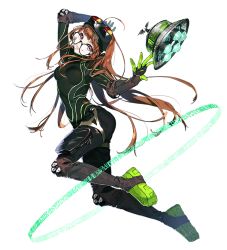 Rule 34 | 1girl, ahoge, black bodysuit, black gloves, bodysuit, breasts, brown hair, collaboration, elbow pads, full body, glasses, gloves, goggles, goggles on head, green footwear, green gloves, green trim, grin, knee pads, long hair, looking at viewer, official art, persona, persona 5, persona 5 the royal, purple eyes, rolua, sakura futaba, small breasts, smile, solo, spacecraft, star ocean, star ocean anamnesis, transparent background, two-tone gloves, very long hair