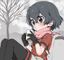 Rule 34 | 1girl, backpack, bag, black gloves, black hair, black pantyhose, blue eyes, blush, commentary request, cup, gloves, grey shorts, hot drink, kaban (kemono friends), kemono friends, mug, no headwear, pantyhose, pink scarf, ransusan, red shirt, scarf, shirt, short hair, short sleeves, shorts, shorts under skirt, sitting, solo, steam, t-shirt, winter