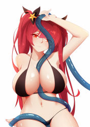 Rule 34 | 1girl, arm support, azur lane, between breasts, bikini, black bikini, breasts, closed mouth, expressionless, honolulu (azur lane), honolulu (summer accident?!) (azur lane), hose, hose between breasts, huge breasts, invisible chair, long hair, looking at viewer, matching hair/eyes, navel, red eyes, red hair, simple background, sitting, solo, swimsuit, toki to shishin, twintails, very long hair, white background