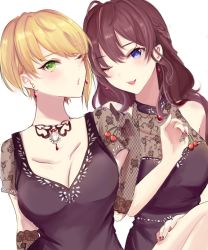 Rule 34 | 2girls, :3, ahoge, arm behind back, arms up, asagimu (tsuktsuk), bare shoulders, black gloves, blonde hair, blue eyes, blush, braid, breasts, brooch, brown hair, cherry, cleavage, earrings, elbow gloves, fingernails, fishnet gloves, fishnets, food, fruit, gem, gloves, hair between eyes, hand on leg, head tilt, highres, holding, holding food, holding fruit, ichinose shiki, idolmaster, idolmaster cinderella girls, jewelry, lipstick, long hair, looking at viewer, makeup, miyamoto frederica, multiple girls, nail polish, necklace, one eye closed, open mouth, parted lips, pearl (gemstone), purple nails, red lips, see-through, short hair, short sleeves, simple background, single braid, smile, sparkle, thighs, upper body, wavy hair, white background