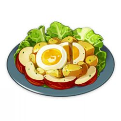 Rule 34 | apple, apple slice, artist request, commentary, egg, egg (food), english commentary, food, food focus, fruit, game cg, genshin impact, hardboiled egg, lettuce, lowres, no humans, official art, plate, potato, salad, simple background, still life, third-party source, transparent background