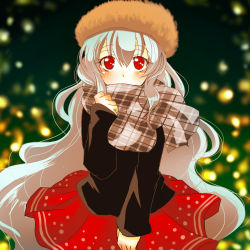 Rule 34 | 1girl, 8i83ash, alternate costume, bad id, bad pixiv id, black sweater, blurry, blurry background, blush, brown hat, commentary request, depth of field, double horizontal stripe, fur hat, grey scarf, hand up, hat, iron maiden jeanne, long hair, long sleeves, looking at viewer, plaid, plaid scarf, red eyes, red skirt, scarf, shaman king, sidelocks, silver hair, skirt, smile, solo, standing, sweater, very long hair