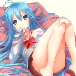 Rule 34 | 10s, 1girl, bare legs, barefoot, blue eyes, blue hair, blush, denpa onna to seishun otoko, feet, flat chest, hand to own mouth, io enishi, long hair, looking at viewer, lying, matching hair/eyes, off shoulder, on back, school uniform, sketch, skirt, solo, thighs, touwa erio