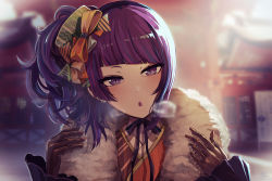 Rule 34 | 1girl, black hairband, black ribbon, blurry, blurry background, bow, breath, brown bow, brown gloves, commentary request, depth of field, diagonal bangs, diagonal stripes, fur collar, gloves, hair bow, hairband, idolmaster, idolmaster shiny colors, long sleeves, looking at viewer, minyom, parted lips, purple eyes, purple hair, ribbon, side ponytail, solo, striped, tanaka mamimi, upper body, wide sleeves